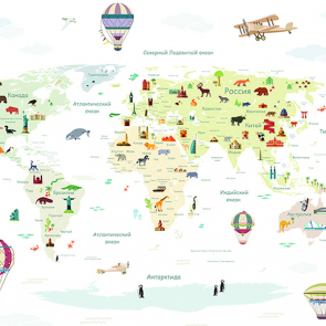 Фотообои Детская карта мира с животными белая